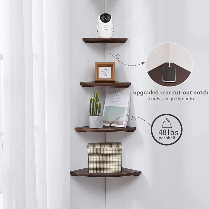 Corner Shelves, Floating Corner Shelf, Set of 2 10inch Solid Oak Wood Corner Wall Shelves, Round End with Wire Hole for Small Plant for Bedroom Kitchen, Living Room