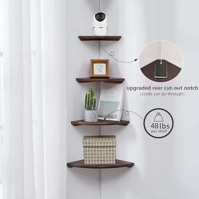 Corner Shelf, Solid Oak Wood Floating Corner Shelf Wall Mount Round End Floating Speaker Shelves with Wire Hole for Small Plant Photo Frame for Bedroom Kitchen, Living Room (Walnut, 7in)