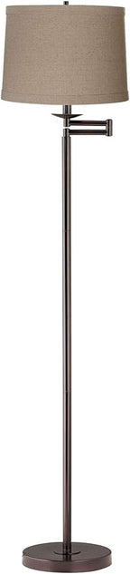 360 Lighting Modern Swing Arm Floor Lamp Standing 60 1/2" Tall Bronze Brown Adjustable Natural Linen Fabric Drum Shade with Self Trim for Living Room Reading House Bedroom Office