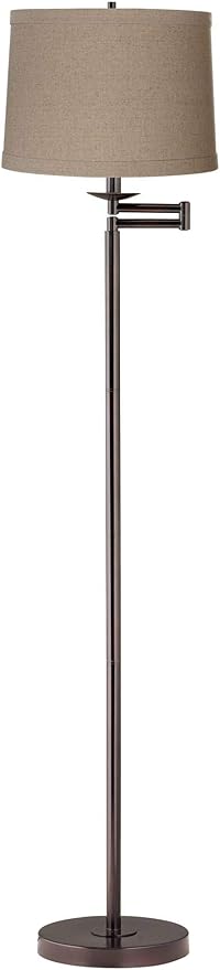 360 Lighting Modern Swing Arm Floor Lamp Standing 60 1/2" Tall Bronze Brown Adjustable Natural Linen Fabric Drum Shade with Self Trim for Living Room Reading House Bedroom Office