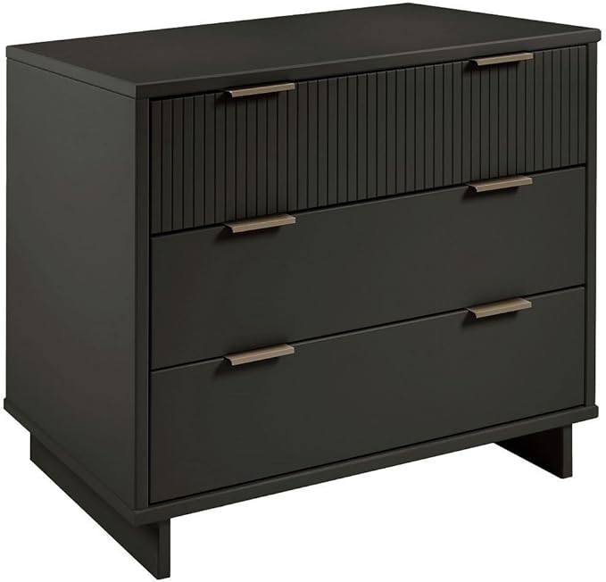 Manhattan Comfort Granville 38-Inch Solid Wood Dresser with 3 Full Extension Soft Close Drawers, Fluted Ribbed Front with Gold Metal Handles for Bedroom, Living Room, Dorm, Nursery in Dark Grey