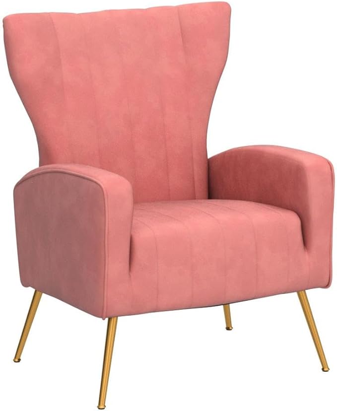 Modern Velvet Accent Chair, Channel Tufted Bedroom, Office or Living Room Furniture with Elegant Metal Legs, 26" Wide Armchair, Rose