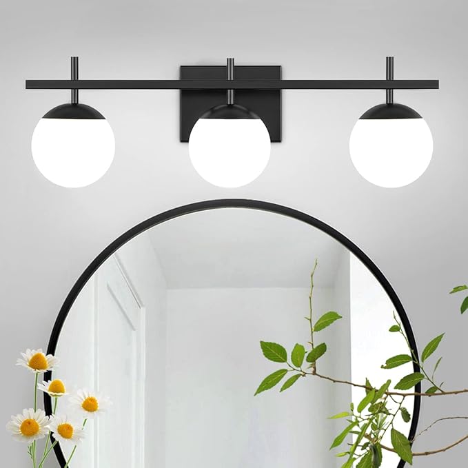 Black Bathroom Light Fixtures Over Mirror, Mid Century Modern Bathroom Vanity Light, 3 Light Globe Bathroom Lighting Fixtures with Milky Glass, Wall Light for Bathroom