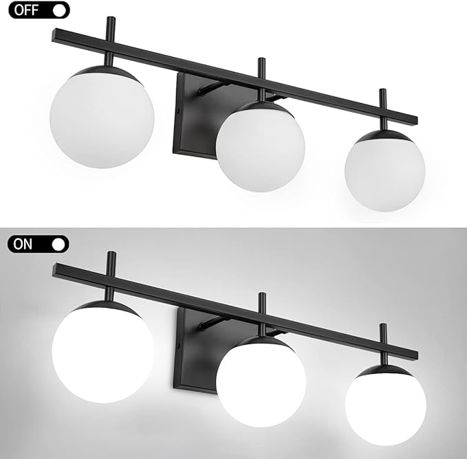 Black Bathroom Light Fixtures Over Mirror, Mid Century Modern Bathroom Vanity Light, 3 Light Globe Bathroom Lighting Fixtures with Milky Glass, Wall Light for Bathroom