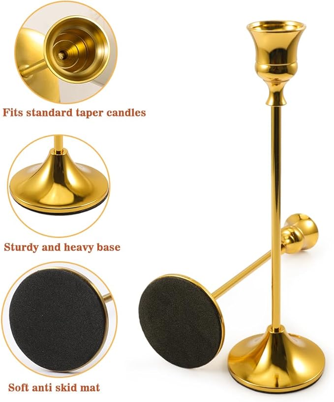 Candlestick Holders, Taper Candle Holders Brass Gold Candlestick Holder Candle Stick Holders kit Classic Decorative Candle Stick for Christmas, Fireplace Wedding Party Dinner Tables Décor