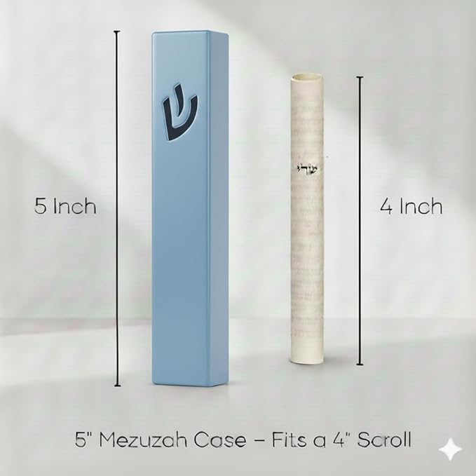 SURI Jewish Door Mezuzah – 5 Inch Blue Aluminum Mezuzah Case with Printed Scroll, Fits a 4 Inch Scroll, Self-Stick Adhesive, Open-Back Design for Indoor Use, Gift Box Included