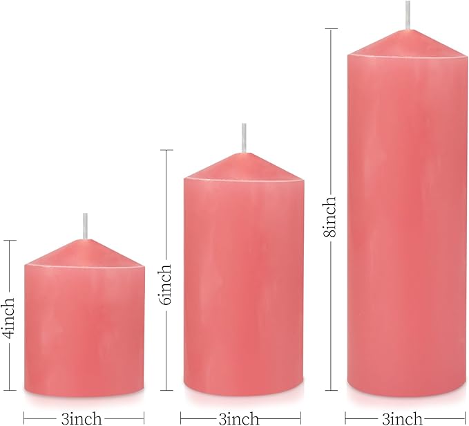 Pillar Candle 3 x 4,6 and 8 inch, Large Handmade Candle Set 3, Pink Decorative Candle for Wedding, Home Decoration, Dinner, Church