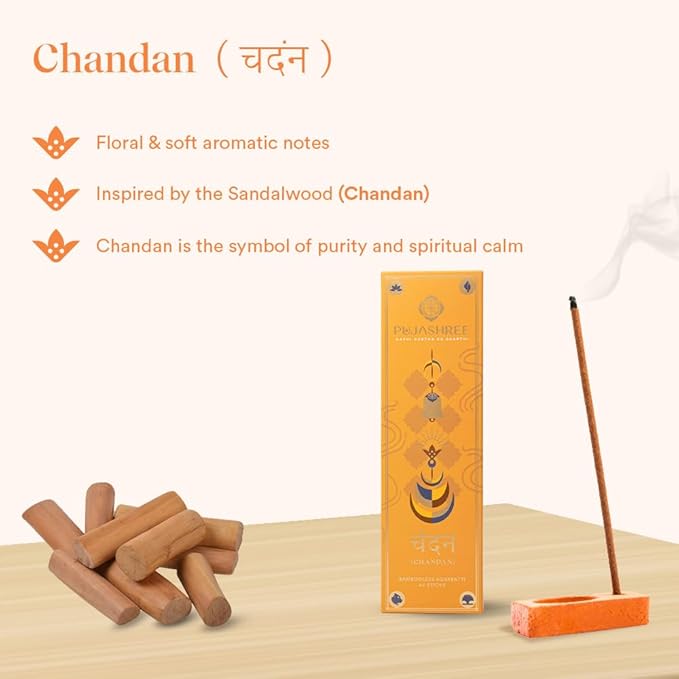 Pujashree Bambooless Agarbatti Incense Sticks 40 pcs 8 Inches | 100% Natural Charcoal Free Agarbatti Sticks | Long Lasting Burn | Woody Aroma | Neelgandha Fragrance (Chandan)