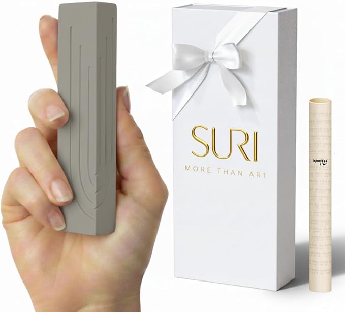 SURI Mezuzah for Door – 4 Inch Gray Concrete Mezuza Case with Printed Scroll, Self-Stick Adhesive, Fits a 3 Inch Scroll, Gift Box Included