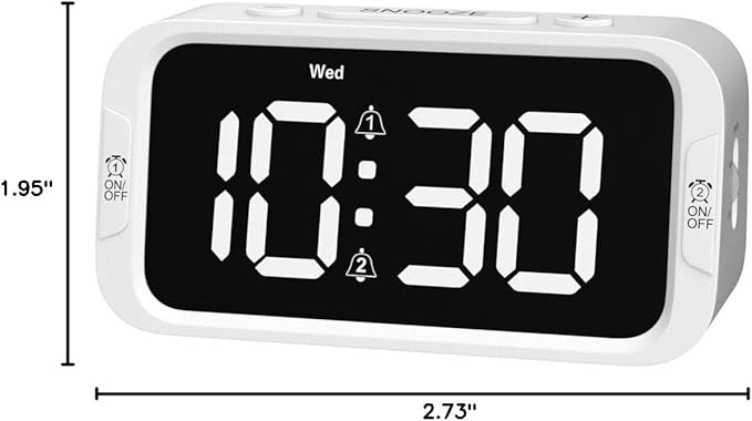 Digital Dual Alarm Clock for Bedroom, Easy to Set, 0-100% Dimmer, USB Charger, 5 Sound Adjustable Volume, Weekday/Weekend Mode, Snooze, 12/24Hr, Battery Backup, Compact Clock for Bedside(White)