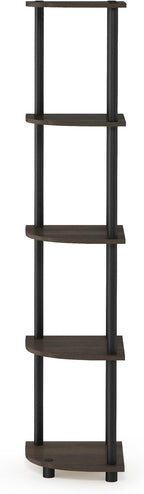 Furinno TURN-N-TUBE Corner Shelf, 5-Tier Corner Bookshelf, Open Storage Shelves, for Organization and Storage, Living Room, Home Office, Garage, Bedroom, Dark Brown Grain