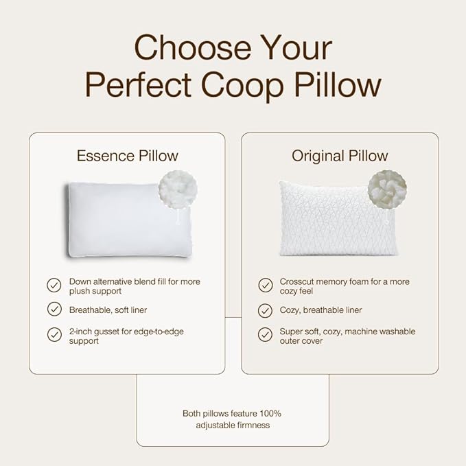 Coop Home Goods Essence Crescent Down Alternative Pillow Set of 2, Queen Size, Adjustable, Plush & Breathable Pillow, Luxury Hotel Pillow for Side and Back Sleepers, Oeko-TEX Standard 100