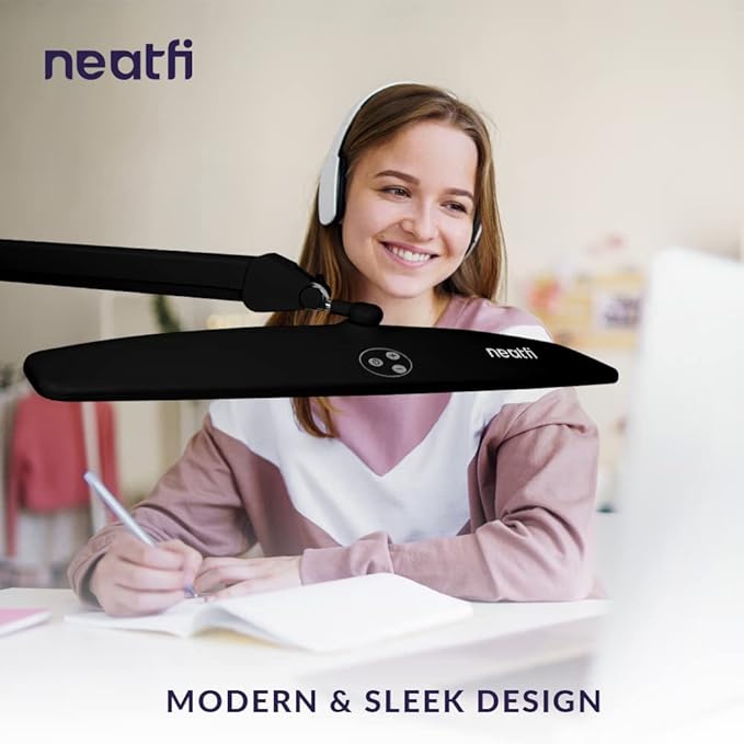 Neatfi Elite HD XL Desk Lamp with Clamp, 1600 Lumens, 22-Inch Wide Head, Non-Polar Dimming, 84 SMD LEDs, 6500K, Task Light for Home, Office, Study Room (Non-CCT with Clamp, Black, 22 Inches)