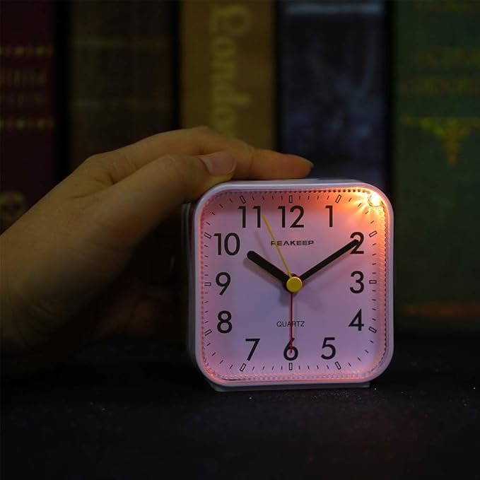 Peakeep Small Battery Operated Analog Travel Alarm Clock Silent No Ticking, Lighted on Demand and Snooze, Beep Sounds, Gentle Wake, Ascending Alarm, Easy Set (White)