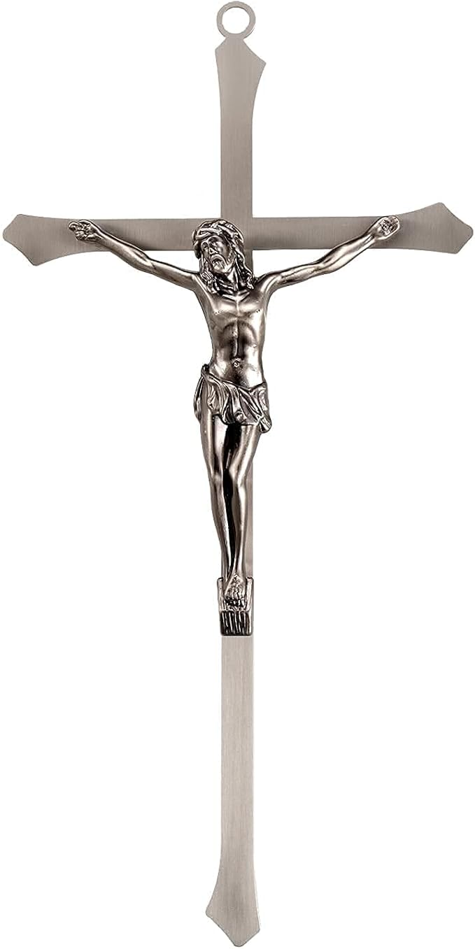 ACHIBANG 10" Metal Crucifix Wall Cross – Modern Catholic Silver Jesus Cross for Wall Decor, Christian Symbol of Faith