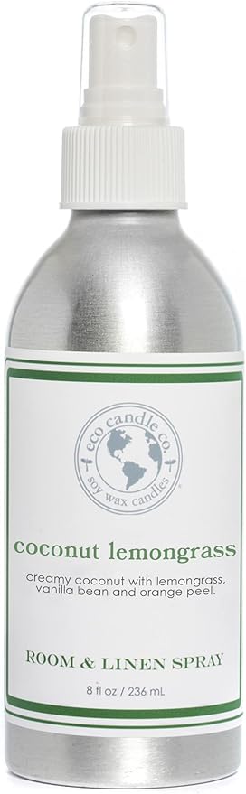 ECO CANDLE CO. Room & Linen Spray, Coconut Lemongrass, 8 oz. - Scents Of Coconut, Lemongrass, Vanilla, & Orange - Recycled Aluminum Bottle, No Propellents, Pump Top, All Natural Ingredients