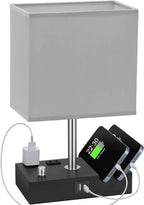 Kakanuo Table Lamp for Bedroom with Dual USB Ports, Grey Fully Dimmable Bedside Lamp with Phone Stands and 2 Charging Outlets, Desk Lamp for Nightstand and Living Room, LED Bulb Included