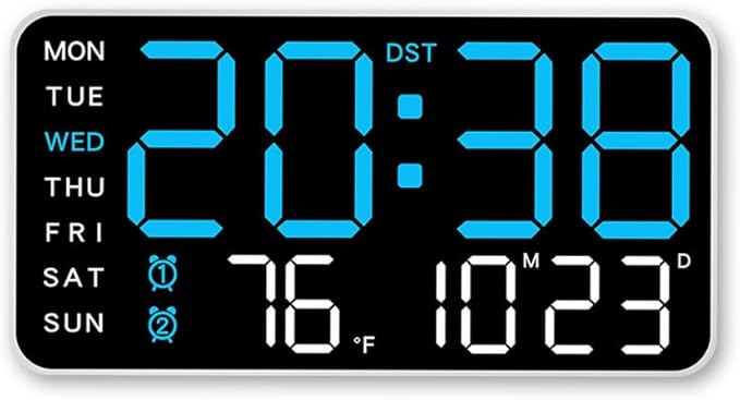 Multifunctional Decorative Led Digital Wall Clock,Large Digital Clock Shows Time,Date,Temperature,Auto Brightness Adjustment,Dual Alarms,Electronic Clock for Livingroom (Blue lamp with white shell)