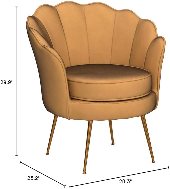 Velvet Barrel Accent Chair with Scalloped Silhouette and Gold Metal Legs, Decorative Piece Suitable for Traditional, Modern, and Contemporary Spaces, Mustard Yellow
