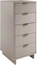 Manhattan Comfort Granville 24-Inch Modern Tall Dresser with 5 Full Extension Soft Close Drawers, Textured Ribbed Lines Design Made of Solid Wood with Gold Accent, TV Stand for Bedroom, Light Grey
