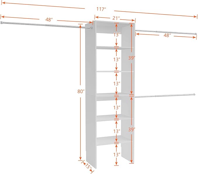 117 inch Large Wall-Mounted Closet Organizer with 5 Storage Shelves and 3 Hanging Rods – Open Wardrobe System-White