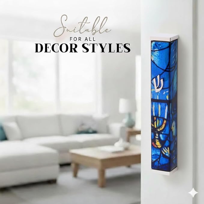 SURI Mezuzah for Door with Printed Scroll Inside | 4" Modern Mezuzah Case (Silver Blue)