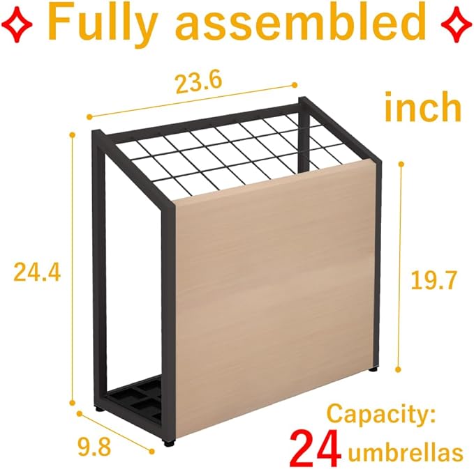 AKIRA Large Capacity Umbrella Stand for 24-Umbrellas Modern Natural Wood Grain & Black Metal Entryway Organizer Rack Holder for Office or Lobby, Model US-US-0625-BKNA