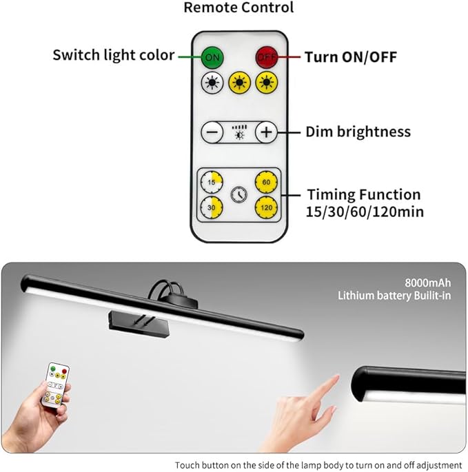 26" Wireless Picture Lights, Rechargeable Battery Art Display Light with Remote Control, Dimmable/Timer Off Dartboard Light, 3 Lighting Modes Full Metal Painting Display Lights(Black-1 Pack)