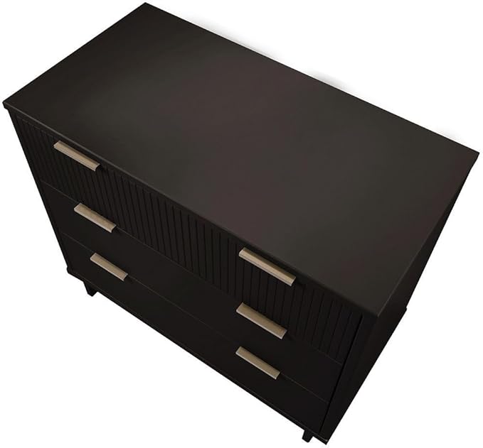 Manhattan Comfort Granville 38-Inch Solid Wood Dresser with 3 Full Extension Soft Close Drawers, Fluted Ribbed Front with Gold Metal Handles for Bedroom, Living Room, Dorm, Nursery in Black
