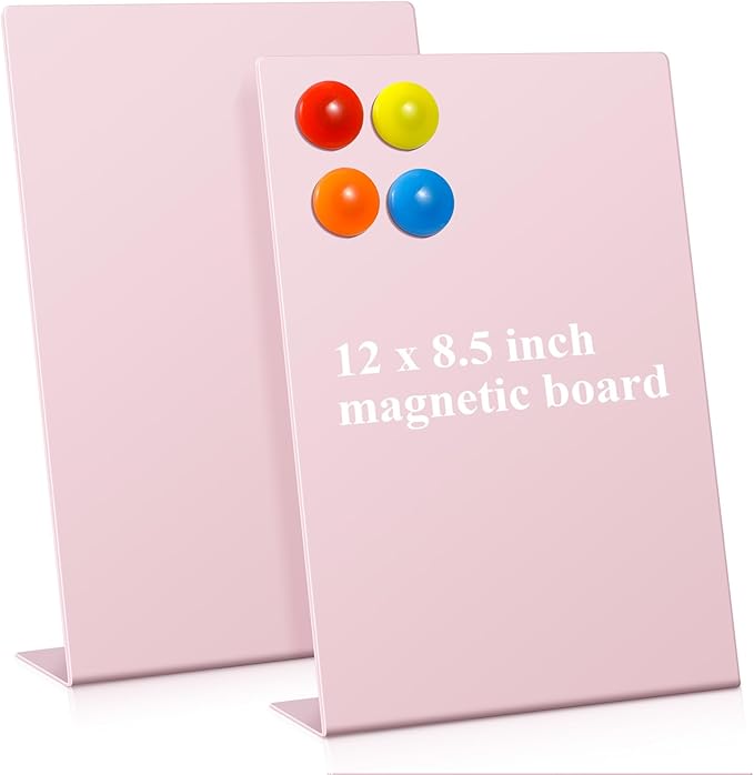 Shimeyao 2 Pcs Pink Magnetic Bulletin Board for Tabletops with 8 Magnets 12 x 8.5 Inch Memo Display Easel Stand for Home Office School Kitchen Table Supplies (Square)