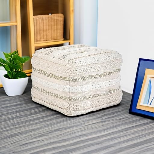 SIMPLIHOME Sommer Square Pouf - 18 inch Wide Upholstered Handloom Woven Cotton Ottoman in Natural, Boho-Style Footstool, Extra Seating or Accent Piece for Living Room or Bedroom, Assembled