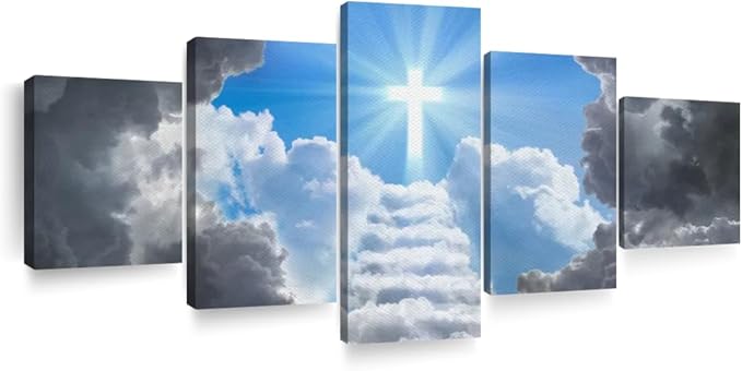Elephant Stock Stairway To Jesus Christ Wall Art Multi Piece Canvas - 5 Panel Christian Pictures Decor - Digital Design Canvas Print - Christian Wall Decor - 74" X 34"