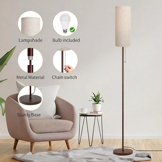 Floor Lamp for Living Room, Modern Standing Lamps with Lampshade, Minimalist Tall Lamp with Chain Switch for Living Room, LED Bulb Included (Beige+Brown)