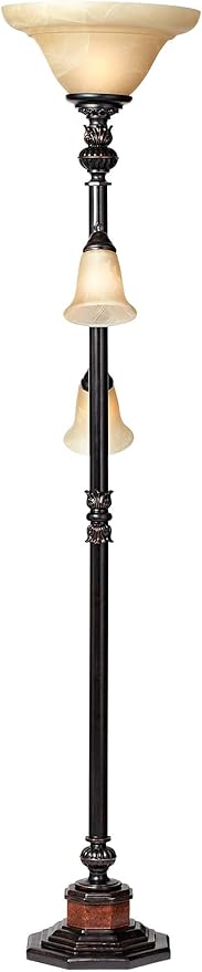 Kathy Ireland Sonnett Industrial Vintage Tree Torchiere Floor Lamp Standing 72" Tall Bronze Brown Champagne Alabaster Glass Shade for Living Room Reading House Bedroom Home Office