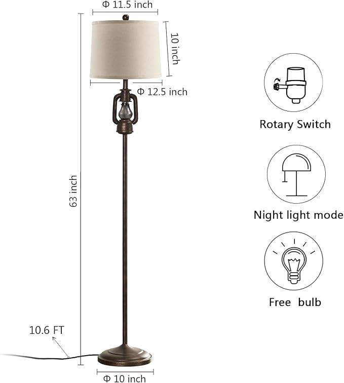63'' Farmhouse Lantern Floor Lamp for Living Room with 2 Light Sources, Rustic Vintage Resin Tall Standing Lamp with Glass Night Light for Bedroom Office Study Room, Bulb Included (Bronze)