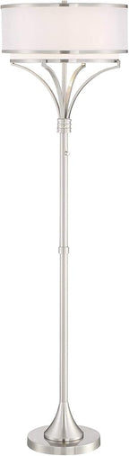Possini Euro Design Candice Modern Standing Floor Lamp 64" Tall Brushed Nickel Dual Silver Organza White Linen Fabric Drum Shade Decor for Living Room Reading House Bedroom Home