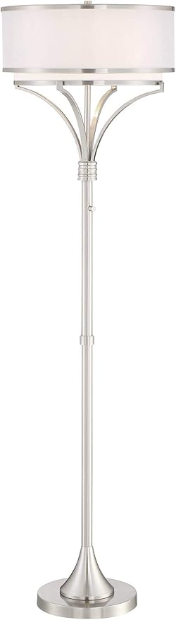 Possini Euro Design Candice Modern Standing Floor Lamp 64" Tall Brushed Nickel Dual Silver Organza White Linen Fabric Drum Shade Decor for Living Room Reading House Bedroom Home