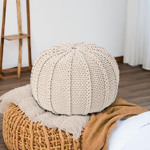 Christopher Knight Home Agatha Knitted Cotton Pouf, Beige Small