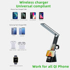 IHAO 6in1 Multifunctional Foldable LED Desk Lamp with Wireless Charger Digital Alarm Clock Eye-Care Lighting 3 Color Modes 15W Qi Charger for Phone/Headphones Compatible with iWatch Charger-N61 White