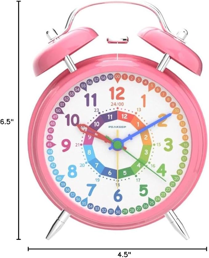 Peakeep Loud Analog Alarm Clock for Kids Learning Telling Time Teaching, 4.5" Twin Bell Alarm Clock Battery Operated for Heavy Sleepers Adults Teenagers Kids