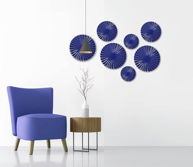 ITrixgan 7 Pieces Deep Blue Wall Art Round Metal Modern Accent Large Sunburst Hanging Decorations Above Bed TV for Home Office Bedroom Living Room