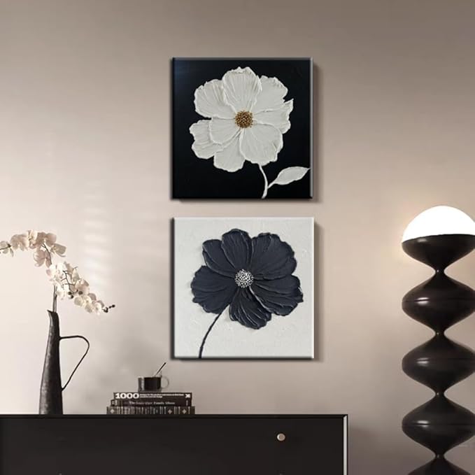 YaSheng Art - Thick Texture Flowers Abstract Oil Painting Hand-Painted Black and White Wall Art Minimalist modern Art Paintings Home Living room Room Dining Room Bedroom Wall Decorative Art Oil Painting 24x24inch