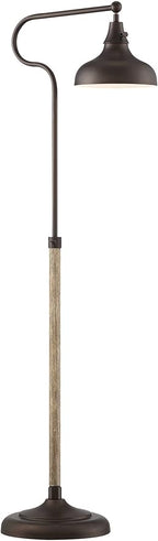 Franklin Iron Works Ferris Industrial Rustic Farmhouse Pharmacy Floor Lamp with USB Charging Port 57" Tall Bronze Faux Wood Grain Adjustable Metal Shade for Living Room Reading Bedroom Office House