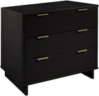 Manhattan Comfort Granville 38-Inch Solid Wood Dresser with 3 Full Extension Soft Close Drawers, Fluted Ribbed Front with Gold Metal Handles for Bedroom, Living Room, Dorm, Nursery in Black