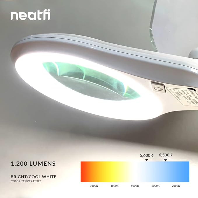Neatfi 1,200 Lumens LED Magnifying Lamp with Clamp – 5-Inch Lens, 5 Diopter, Dimmable, Adjustable Arm, Includes Microfiber Cloth, Lamp for Reading, Sewing, Crafting (White, 5 Diopter)