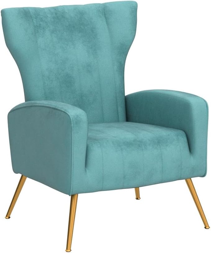 Modern Velvet Accent Chair, Channel Tufted Bedroom, Office or Living Room Furniture with Elegant Metal Legs, 26" Wide Armchair, Teal