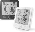 BALDR Digital Bathroom Clocks - 2 Pack Water-Resistant Shower Clock with Timer - Large LCD Display Digital Clock for Shower with Timer, Temperature and Humidity, Wall Clock for Bathroom, Black & White
