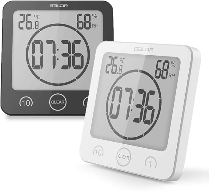BALDR Digital Bathroom Clocks - 2 Pack Water-Resistant Shower Clock with Timer - Large LCD Display Digital Clock for Shower with Timer, Temperature and Humidity, Wall Clock for Bathroom, Black & White