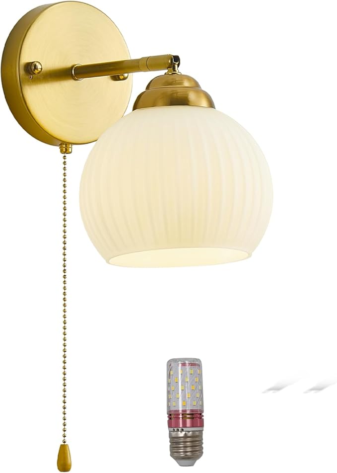 Gold Wall Sconce, mid Century Modern Sconce with Hand Pull Switch Indoor Wall Sconce for Bedroom Bedside Bathroom Kitchen Vanity Hallway Wall Mounted Light Fixture
