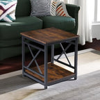 Industrial End Table with 2-Tier Storage Shelf, 18'' Square Side Table with X-Design Metal Frame, Rustic Brown Nightstand Bedside for Living Room Bedroom